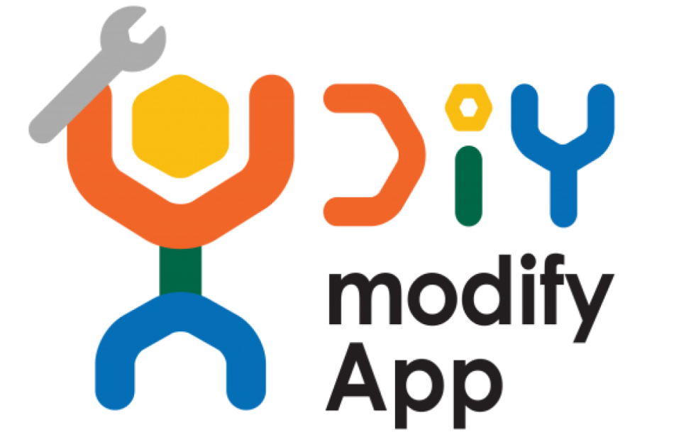 A styled logo of a person holding a spanner, with the words DIY modify app