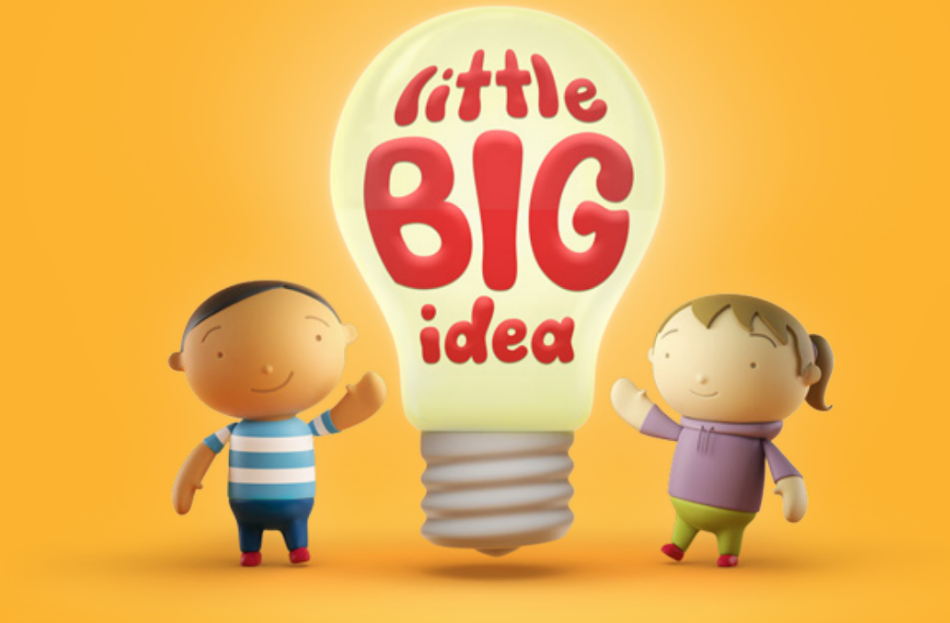 A boy and girl stand next to a lightglobe. The lightglobe has the words "Little Big Idea" within it.