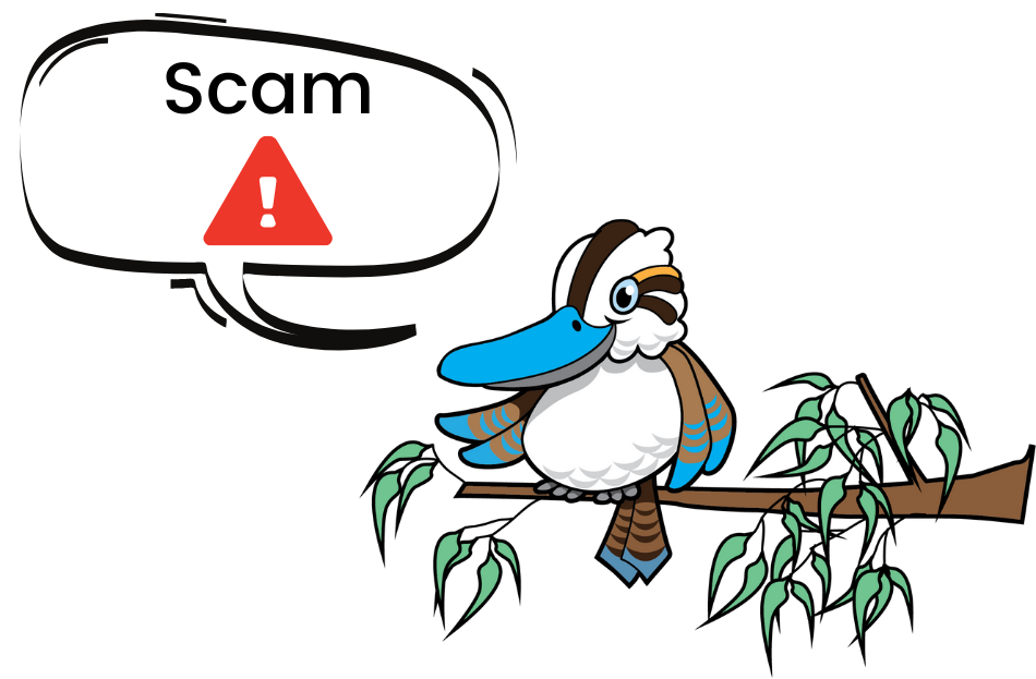 An image of Bill the Kookaburra, in a gum tree with a speech bubble. In the speech bubble is the word "SCAM" and an alert symbol.